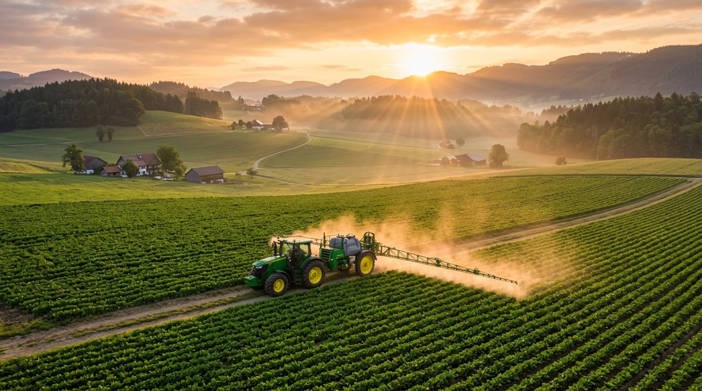 Osaka Organic Farmland Field at Sunrise with Tractor
